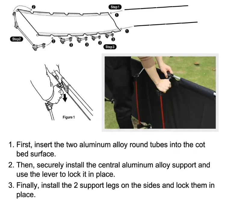 Camping cot step-by-step installation guide diagram